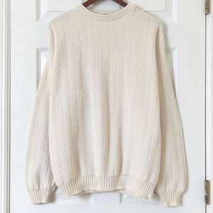 Trader Bay 90's Vintage Hand Framed Herringbone Knit Crewneck Sweater Cream M